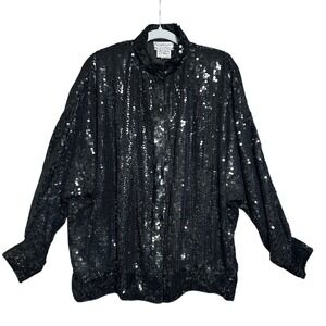 VTG 100% Silk L Beaded Sequin Jacket Black Evening Cocktail Candlelight Matrix